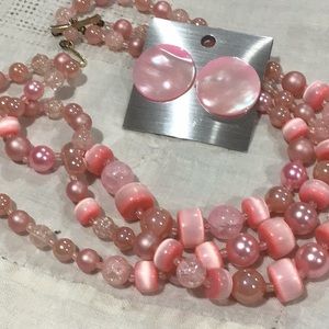 Vintage pink beaded 3 strand necklace and earrings